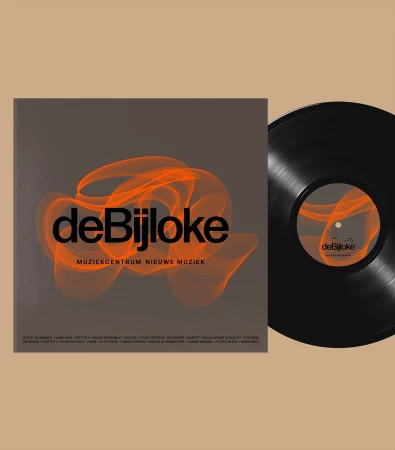 Vinyl record next to its square sleeve featuring black typography and orange abstract wave graphics on a solid beige background.