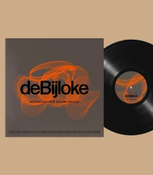 Vinyl record next to its square sleeve featuring black typography and orange abstract wave graphics on a solid beige background.