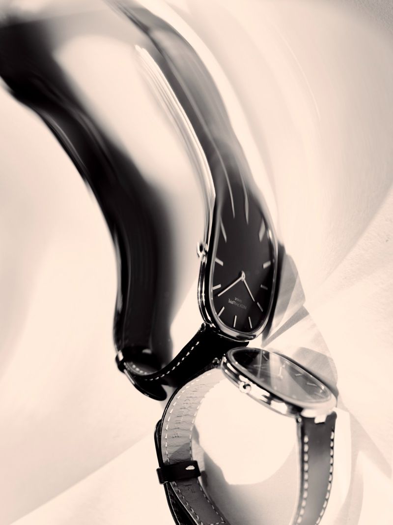 Distorted surreal shot of a wristwatch with a black face and leather strap reflecting on a curved surface for Vogue Czechoslovakia.