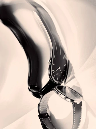 Distorted surreal shot of a wristwatch with a black face and leather strap reflecting on a curved surface for Vogue Czechoslovakia.