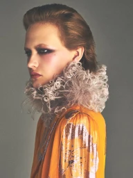 Close-up portrait of a model wearing an orange top and a ruffled neckpiece against a grey backdrop