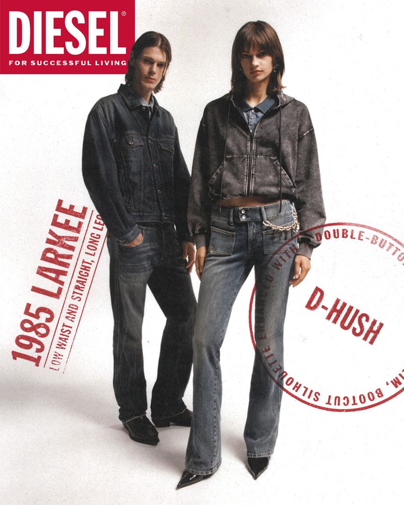 Two models wearing Diesel denim apparel stand against a plain white background for the FW26 campaign.