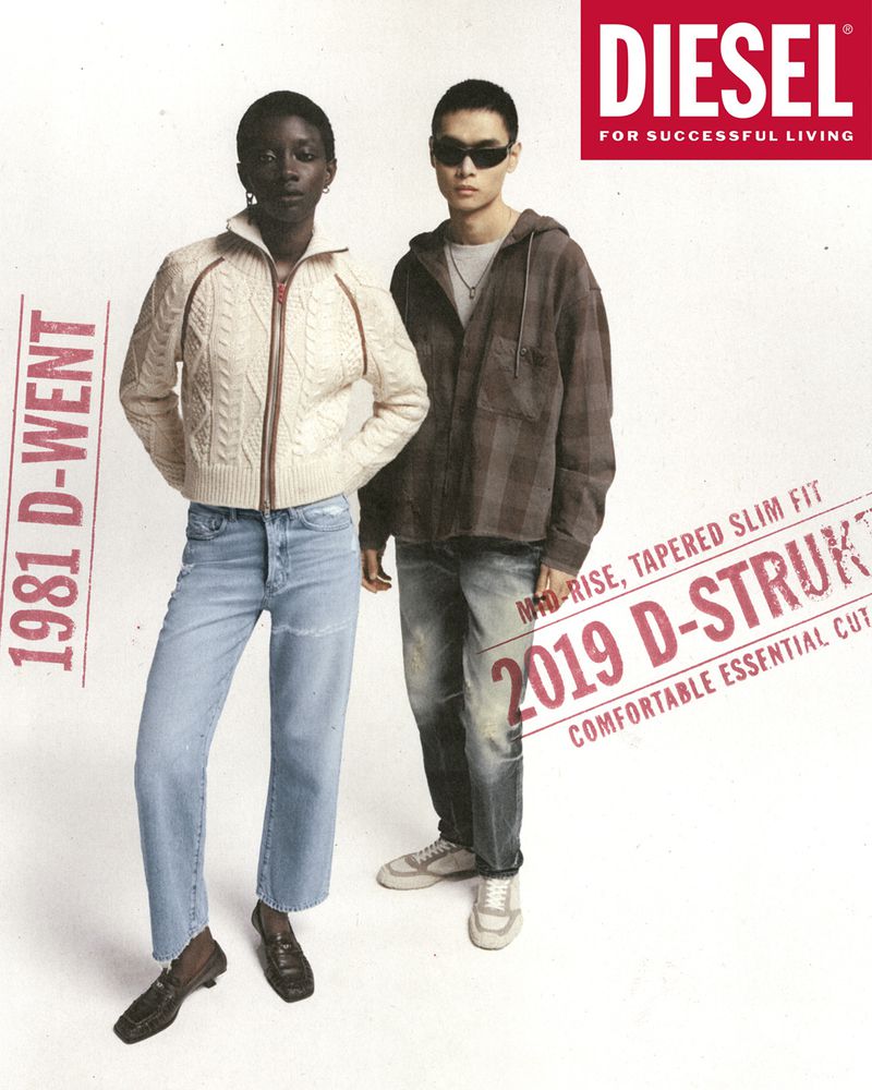 Two models posing against a white background wearing Diesel denim, a cream cable-knit zip jacket, and a brown plaid hoodie.