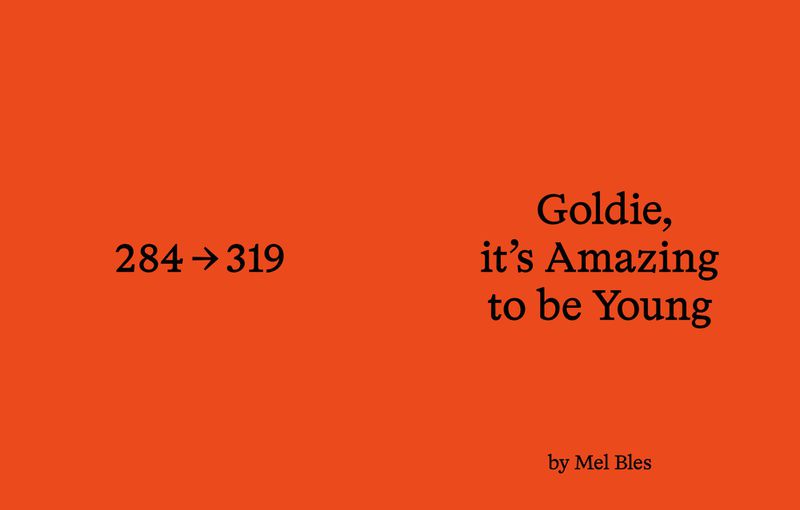Solid orange typographic slide featuring black text reading Goldie, its Amazing to be Young and numbers 284 to 319.