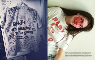 Diptych image showing a handwritten text jacket on the left and a young woman with painted face on the right.