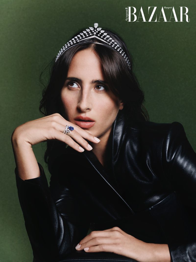 Model Taleedah Tamer wearing a tiara and diamond ring in an editorial by Harper's Bazaar Arabia