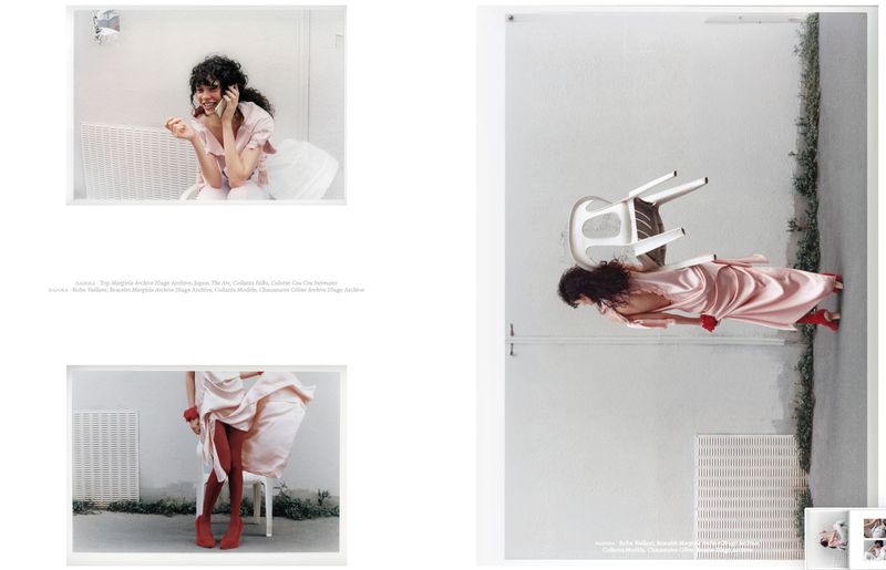 Editorial multi-panel spread featuring a model in a pale pink dress and red tights against a white wall.