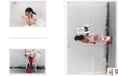 Editorial multi-panel spread featuring a model in a pale pink dress and red tights against a white wall.