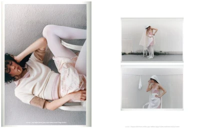 Editorial spread featuring a reclining model in a cream knit top and white tights against a textured grey wall for Coeur Issue II.