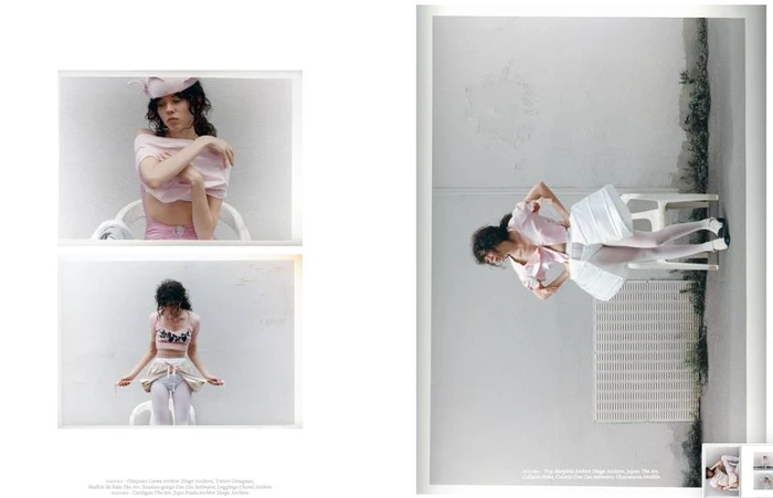 Editorial layout displaying three distinct portraits of a model wearing pink and white fashion apparel against a plain light wall.
