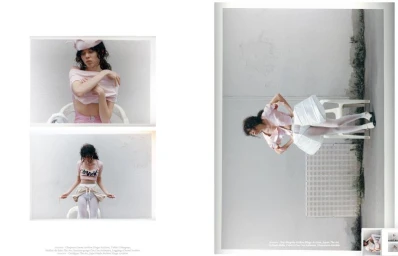 Editorial layout displaying three distinct portraits of a model wearing pink and white fashion apparel against a plain light wall.