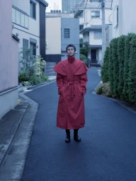 Man wearing a long red belted coat standing on a narrow residential street lined with houses and tall hedges