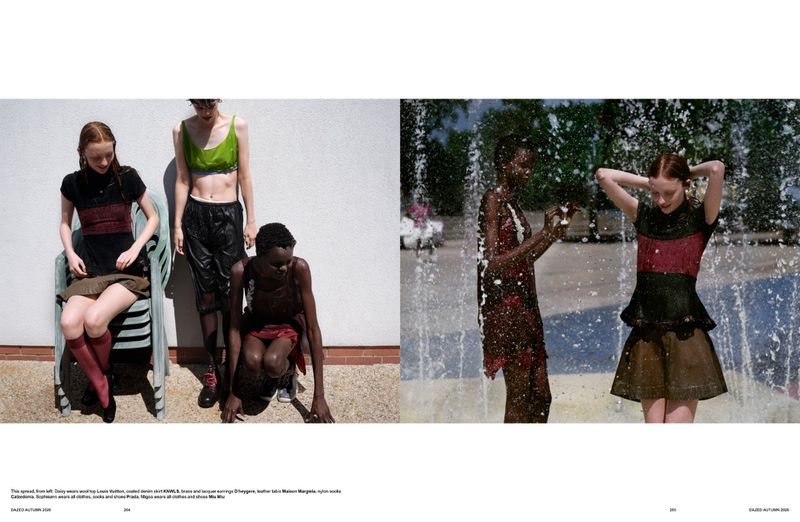 Editorial spread for Dazed Magazine showing models posing near a white wall and by water splashes.