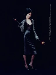 Model wearing a patterned jacket and black leather skirt holding sparklers against a black background.
