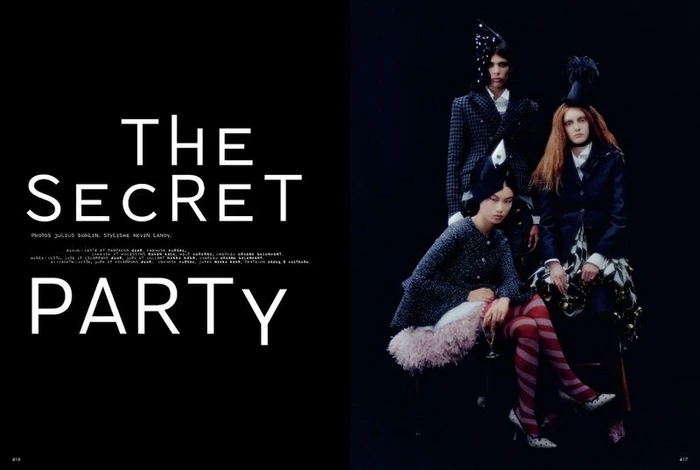 Three models in dark tailored jackets and hats posing against a black studio background for Mixte magazine editorial.