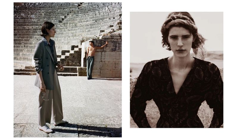 Two panel fashion spread featuring a woman in a grey blazer standing by ancient stone amphitheater steps and a portrait in a dark patterned top