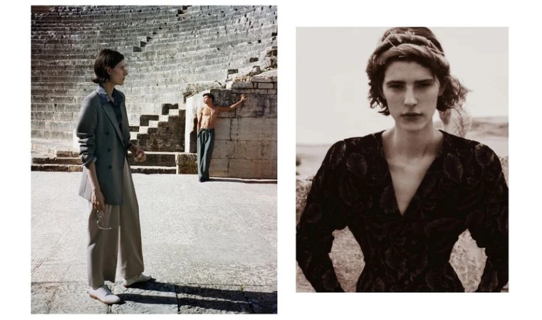 Two panel fashion spread featuring a woman in a grey blazer standing by ancient stone amphitheater steps and a portrait in a dark patterned top