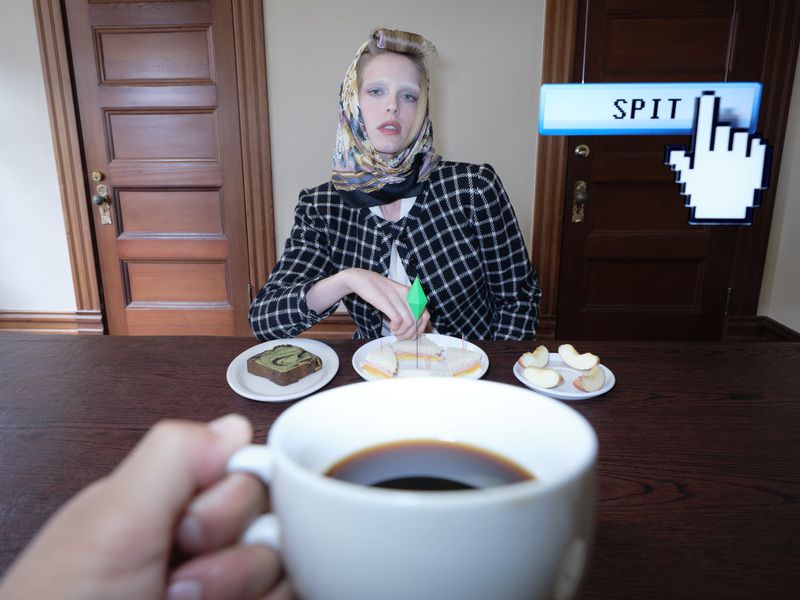 Model wearing a plaid jacket and headscarf sits at a wooden table with plates of food, featuring a floating computer cursor graphic.