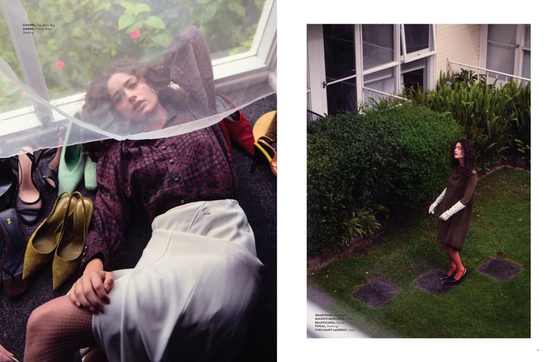 Model lying down indoors surrounded by heels, and a model standing outdoors on stepping stones in a garden.