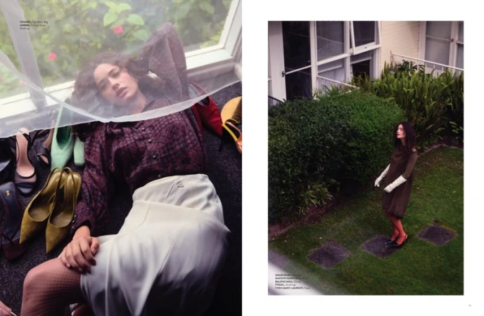 Model lying down indoors surrounded by heels, and a model standing outdoors on stepping stones in a garden.