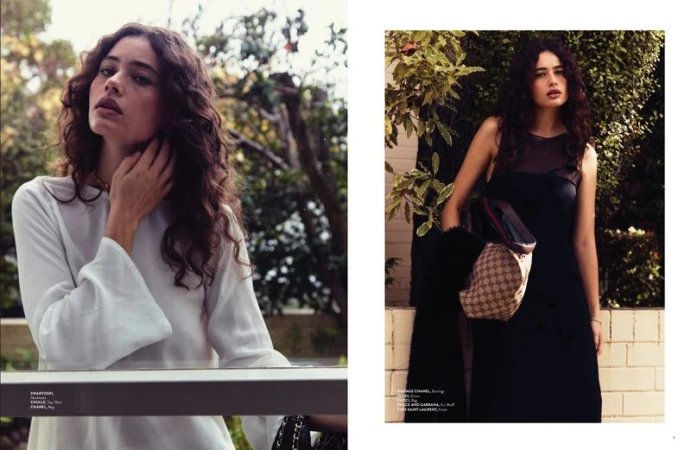 A two-page editorial layout showing a woman with long dark curly hair wearing a white blouse and a black dress outdoors near foliage.