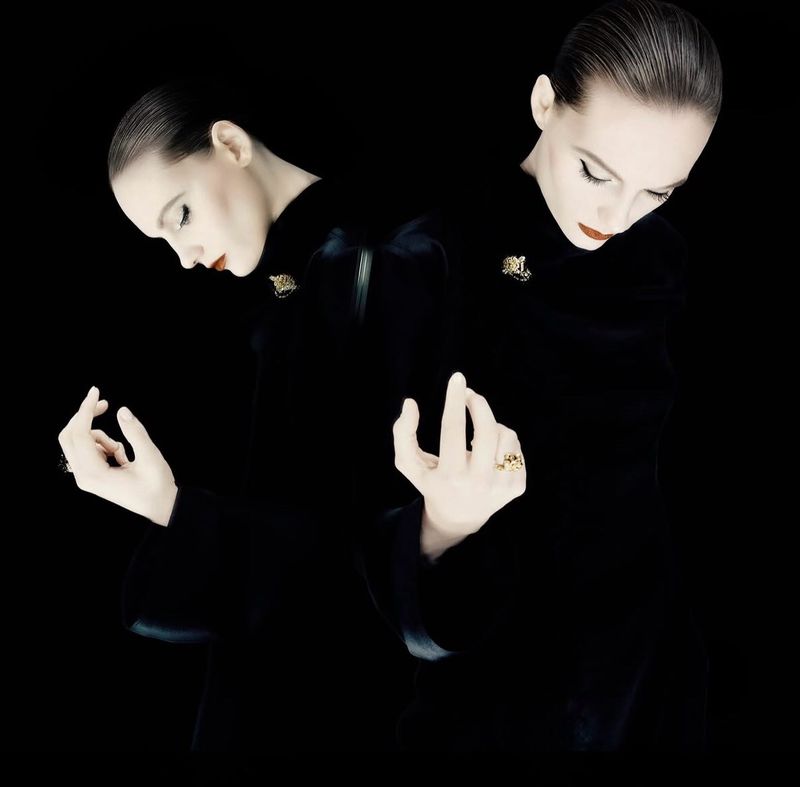 Model Fran Summers wearing a black garment in a duplicate motion portrait for Numero Istanbul, photographed by Bohdan Bohdanov.