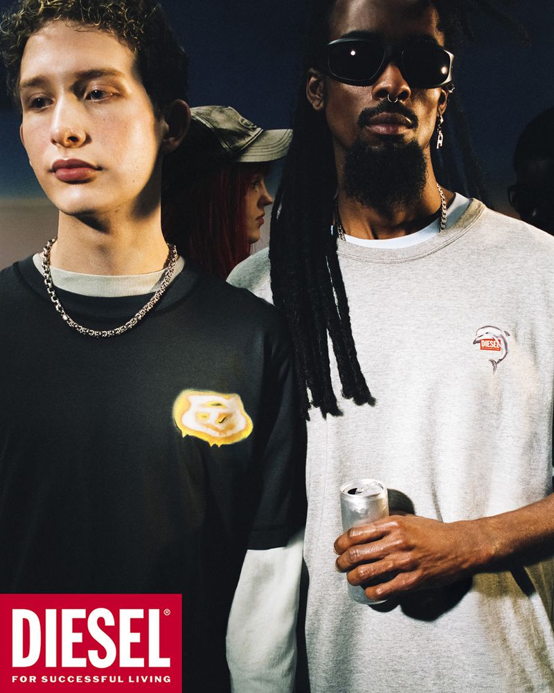 Group of young models in casual streetwear clothing posing for an advertising campaign