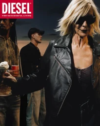An older blonde woman in a black leather jacket and sunglasses holding an ice cream cone, with two men standing in the background.