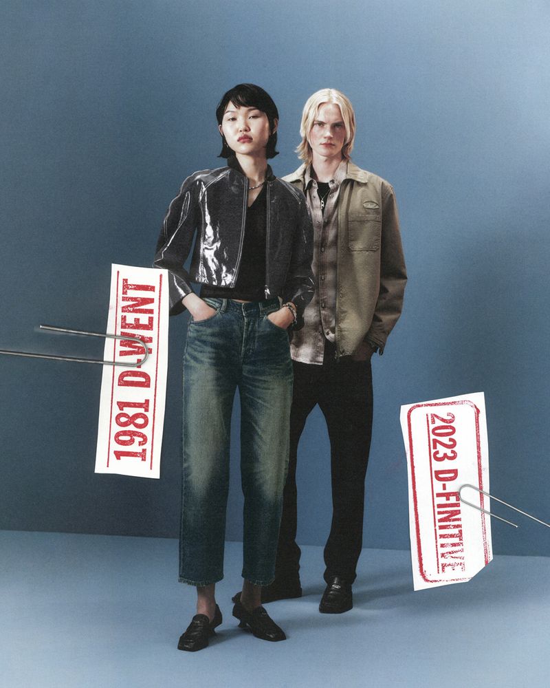 Two models wearing denim and jackets stand against a blue backdrop, accompanied by floating paper clippings with red text held by paperclips