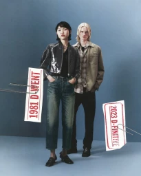 Two models wearing denim and jackets stand against a blue backdrop, accompanied by floating paper clippings with red text held by paperclips