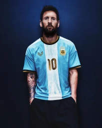 Lionel Messi wearing a light blue and white Argentina jersey with the number 10 against a dark textured blue background