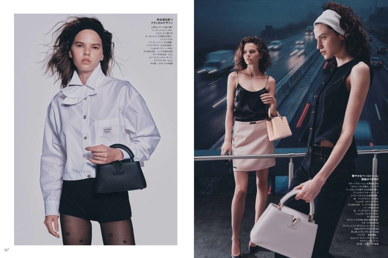Two female models posing with luxury handbags in a fashion editorial spread for Elle Japan featuring urban highway backdrop and studio shots.