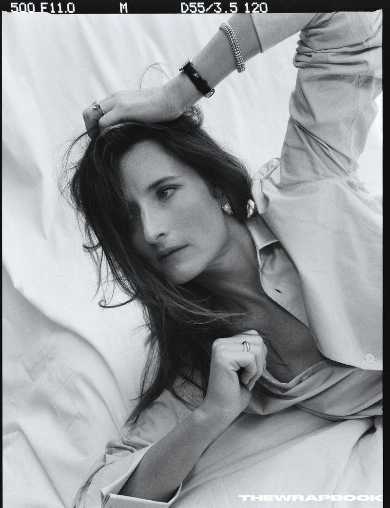 Black and white portrait of actress Grace Gummer posing against a white backdrop for TheWrapBook project A Love Story.