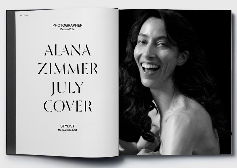 Magazine spread featuring Alana Zimmer on the right page, smiling with dark, wavy hair, set against a dark background with text on the left page.