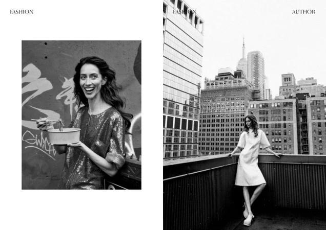 Black and white fashion shot features a smiling woman with noodles against a graffiti wall and a city rooftop backdrop.