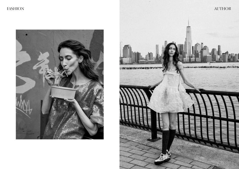 Two black and white fashion shots show a woman eating noodles against graffiti and posing by the river with the NYC skyline.