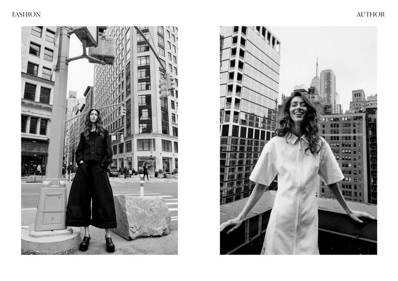 Fashion editorial shot in urban setting, featuring a woman in black outfit standing near traffic lights and a woman in white dress on a rooftop.
