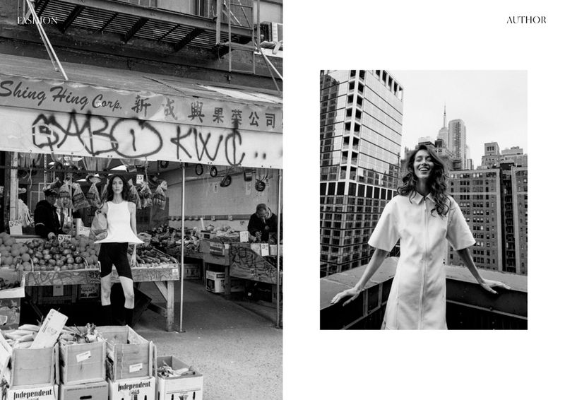Black and white fashion shot of a model at an outdoor market and on a rooftop with buildings in the background.