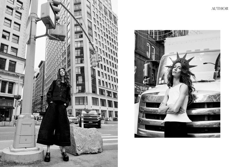 Black and white fashion shot of a woman in dark clothing in a city street with tall buildings, with a truck and a crown-wearing woman nearby.