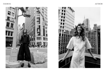 Black and white editorial spread featuring model Alana Zimmer posing on city streets and a rooftop for Author Magazine.