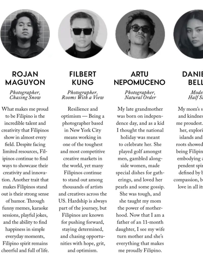 Black and white editorial page layout featuring four circular portraits of creatives with text blocks underneath.