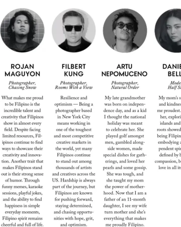 Black and white editorial page layout featuring four circular portraits of creatives with text blocks underneath.