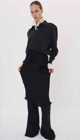 Model wearing a dark long-sleeve collared top and pleated skirt against a plain white studio background.
