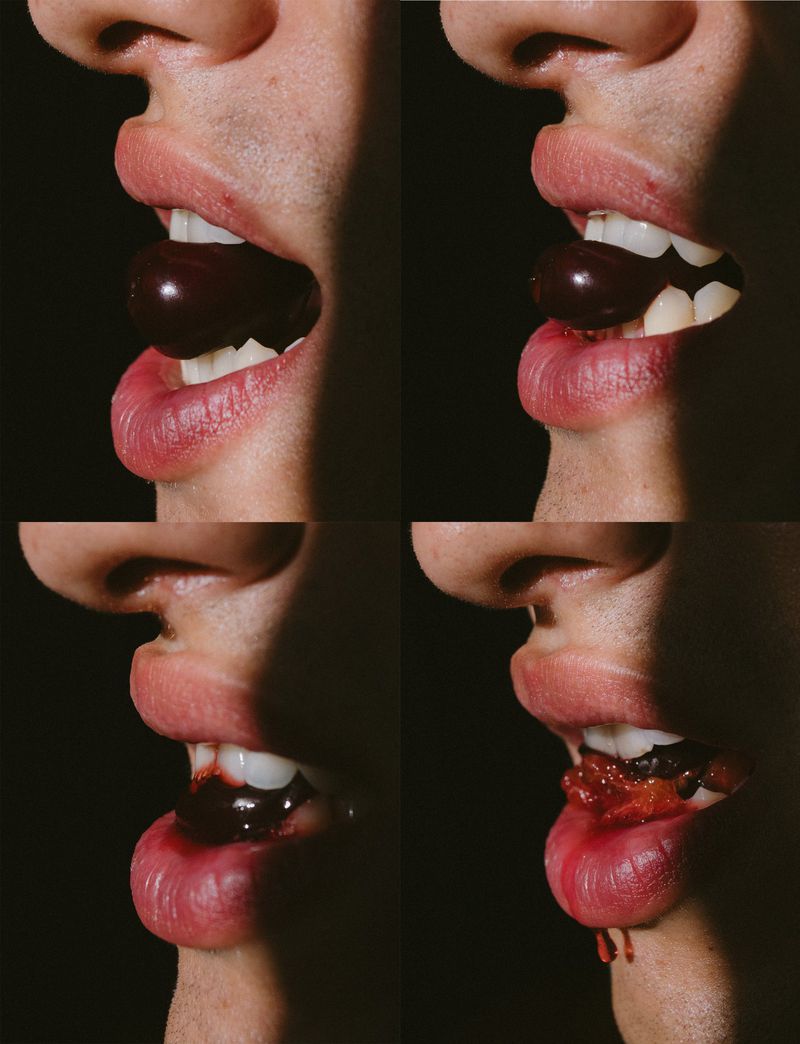 Close-up of a person's mouth and lips in a grid of four images, eating a dark red cherry, studio shot against a black background.