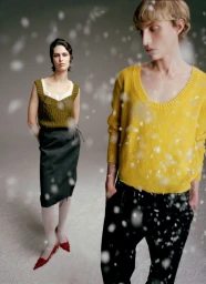 Two models posing against a grey studio backdrop amidst falling white bokeh or snow effects for Mixte