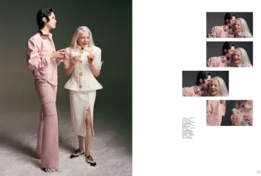 Two models posing in editorial fashion layout with main full-length shot and smaller sequential inset photographs against grey background.
