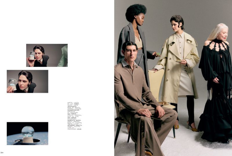 Four models in diverse contemporary outfits pose together in a studio setting alongside smaller inset portrait photographs.