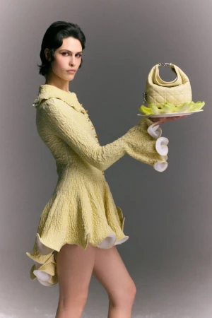 Model wearing a textured yellow dress holding a plate with a handbag and lettuce for Mixte
