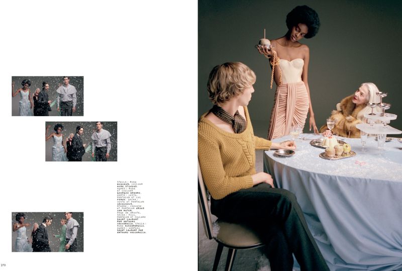 Three models posed around a dinner table with a light blue tablecloth against a dark background for Mixte project