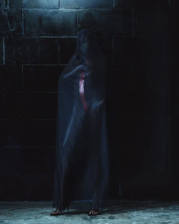 Model draped in sheer dark fabric standing before a dark brick wall for Mowalola
